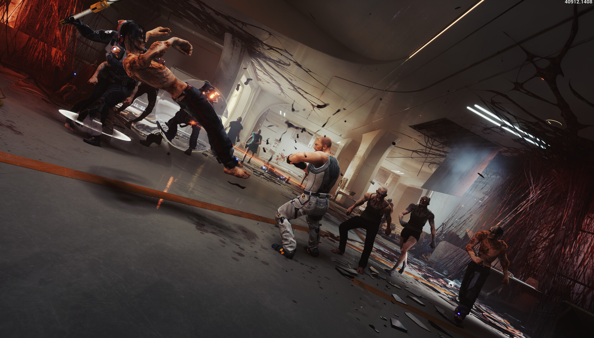 KIBORG screenshot: a crowd of inmates charging down a corridor.