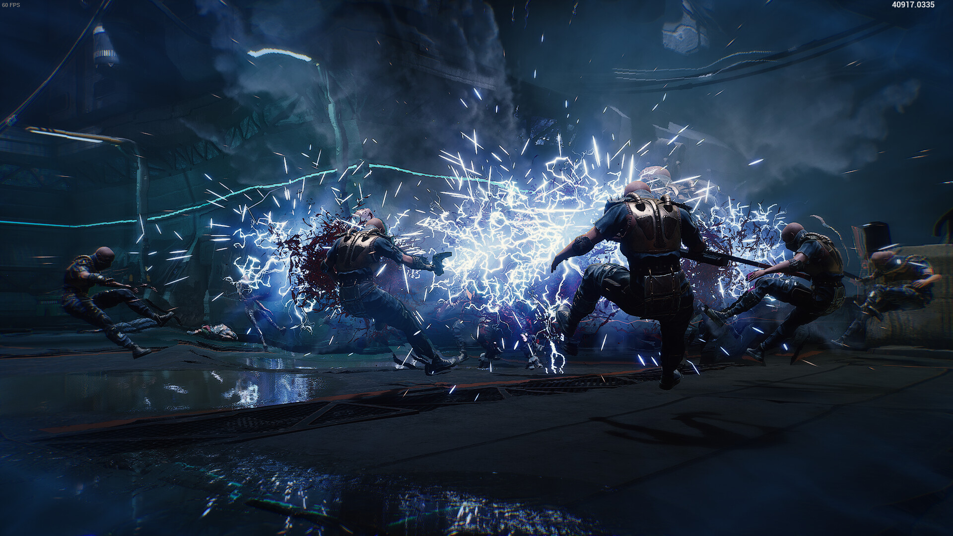 KIBORG screenshot: a blue energy blast hitting enemies.
